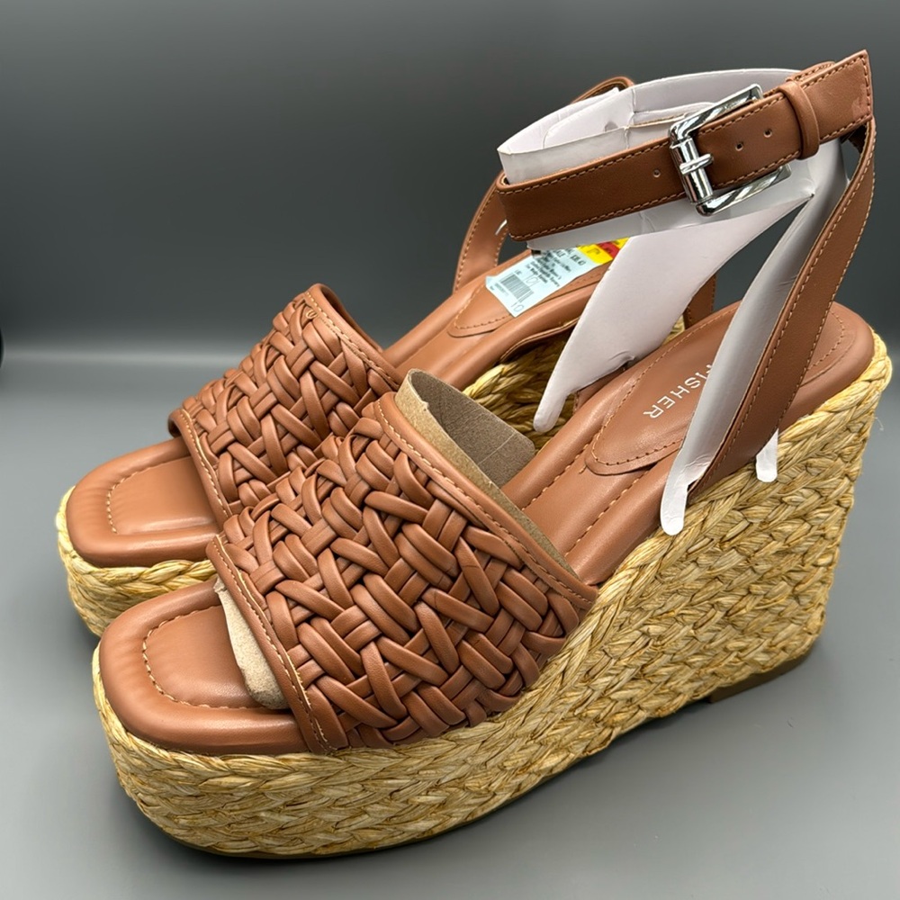Marc Fisher Tan Woven Leather Espadrille Wedge Sandals